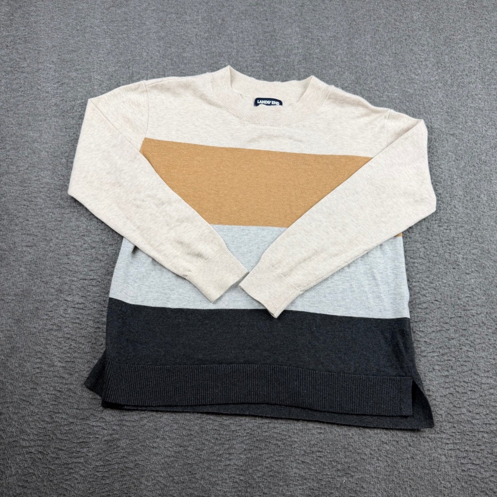 Lands' End Women's XS Cotton Colorblock Crewneck Sweater Neutral Stripe RN 62830